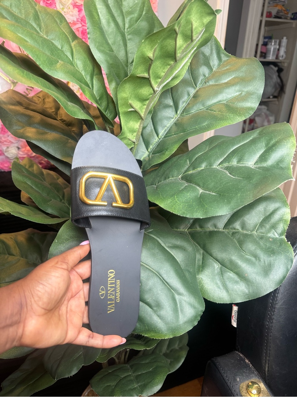 Valentino Garavani Gray and Black Slide with Gold Logo